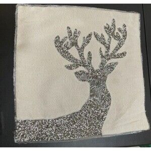 Pier 1 Christmas Reindeer Beaded Throw Accent Pillow White Silver Glitter 15"